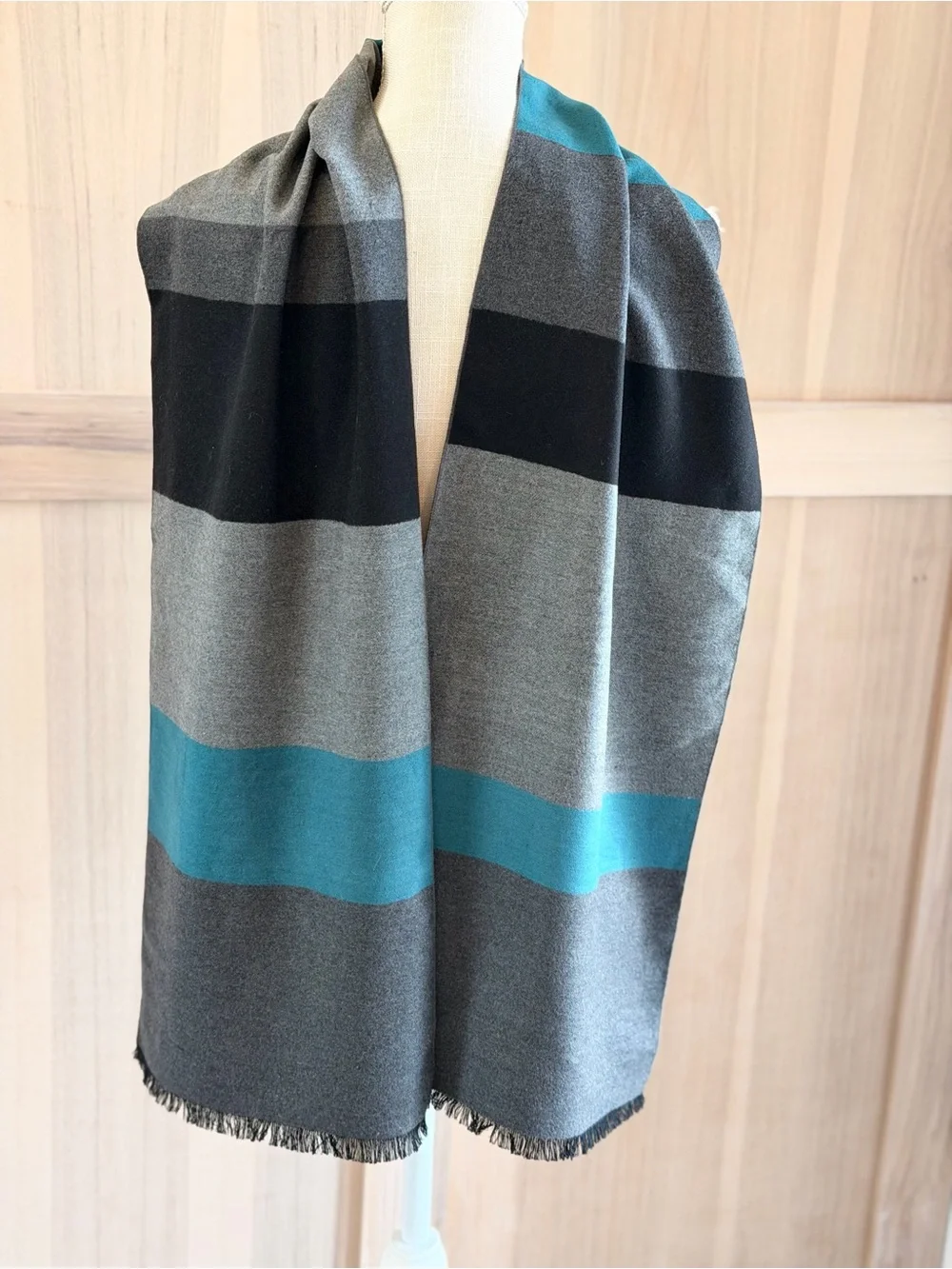Mr. Brown by Duckie Brown Silk Colorblock Winter Scarf. Charcoal | Teal Blue